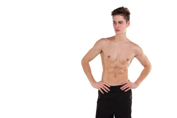 Fototapeta premium Young attractive shirtless student. White background.