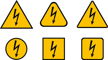 6 different types of electric shock hazard signs on black and yellow background, easily editable EPS
