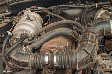 Old car engine. Photo from above.
