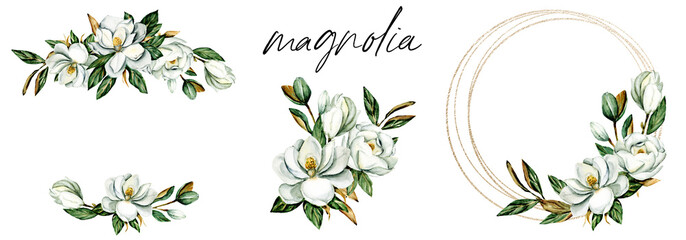Set watercolor flowers magnolia hand drawn, floral vintage illustrations. Decoration for poster, greeting card, birthday, wedding design. Isolated on white background.
