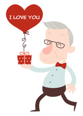 Old man presenting a gift and heart shape balloon. Funny senior gentleman character. Cartoon style vector illustration isolated on white background.