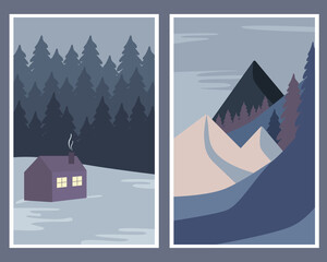 Fototapeta na wymiar Set of winter landscape posters. Minimalism.Vector illustration.