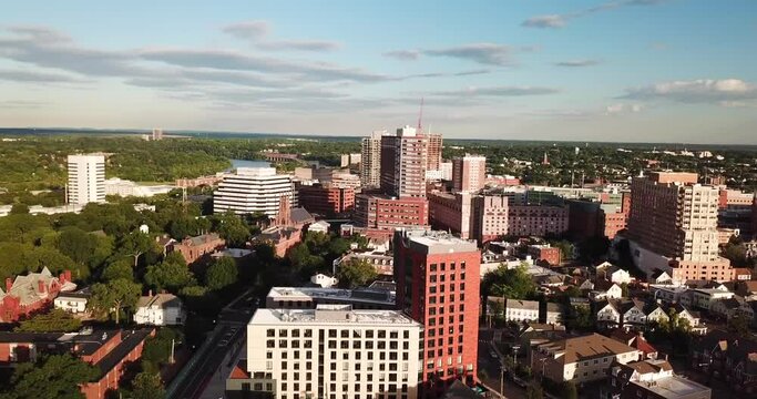 Arc Shot Of Downtown New Brunswick, NJ City Skyline