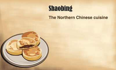 Isolated dish of Shaobing or Huoshao on vintage old paper background, a Chinese snack close up handrawing vector illustration.
