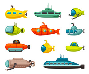 Submarines and bathyscaphes set. Red vehicle with robotic arms and military with scanning antennas yellow scuba floats with propellers round portholes fun underwater exploration. Vector cartoon.
