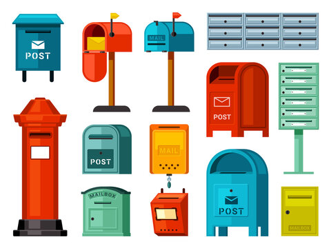 Retro and modern mailboxes set. Blue street boxes with legs red container for paper correspondence green for receiving and sending letters numerous metal closed sections individual. Cartoon vector.