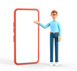 Portrait of smiling happy businessman with big phone. 3D illustration of cartoon standing man pointing finger at screen.