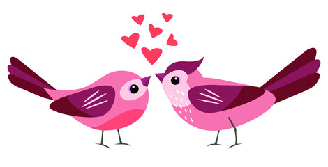 Obraz premium Enamored birds. Valentine's Day. Flat style. White background, isolate. Stock illustration.