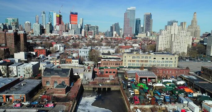 Aerial Pullback View of Gowanus Canal and the Downtown Brooklyn Skyline