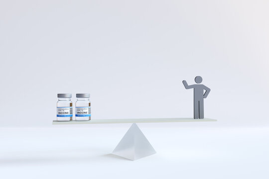 Balance Scale Between Two Dose Of Coronavirus Vaccine Bottle And One Man. 3d Render Illustration. COVID-19 Vaccine Concept.