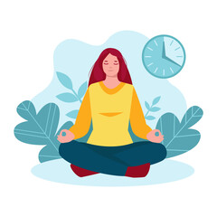 Obraz na płótnie Canvas Meditating woman, girl in nature, background of leaves, plants. Clock timer, 20 minutes. Vector illustration in flat cartoon style. The concept of a healthy lifestyle,yoga, meditation, relaxation.