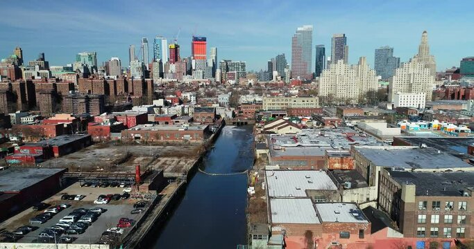 Flying Over Gowanus Canal Towards Douglass Street and Downtown Brooklyn
