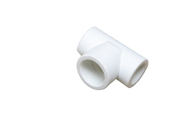 Polypropylene T-piece isolated on white background, close-up, copy space. Plastic pipes. High temperature brazing. Renovation concept
