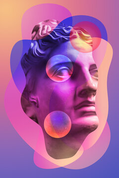 Collage with plaster antique sculpture of human face in a pop art style. Creative concept image with ancient statue head in pastel colors. Zine culture. Contemporary art style poster. Apollo bust.