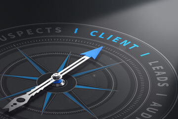 Compass with needle pointing the word client. customer relationship management. 3d illustration