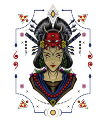 Geisha artwork with japanese symbol. design template for apparel, merchandise