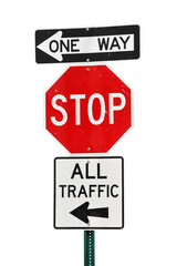Old road signs with text - Stop, One Way, All traffic