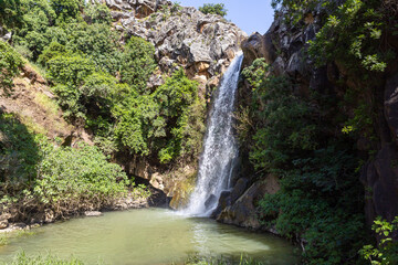 Fototapeta na wymiar Mountain Saar Falls with cold and crystal clear water descends from a crevice in the mountains of the Golan Heights in Israel.