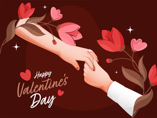 Obraz na płótnie Canvas Happy Valentine's Day Font With Engaged Or Proposal Couple Hands And Floral Decorated On Brown Background.