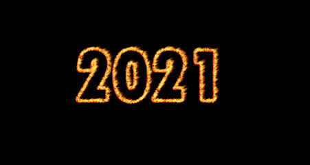 2021 fire flame isolated in black background. Burned 2021  number - Concept 