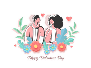 Illustration Of Young Couple Looking Each Other With Paper Cut Flowers And Leaves Decorated On White Background For Happy Valentine's Day.