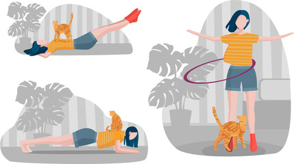 The girl plays sports at home with her cat. Set of vector illustrations in cartoon style