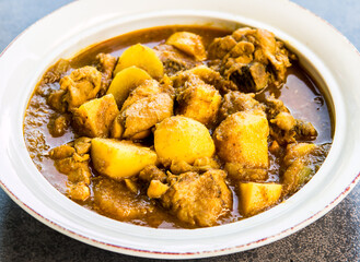 Chicken curry in pan , Asian famous food
