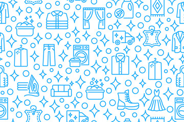 Dry cleaning and laundry seamless pattern with flat line icons. Blue symbol on a white background.