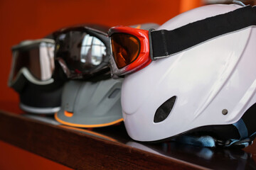   Family ski helmets. Winter family active sport concept.