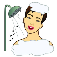 emoticon with guy that is singing loud in a shower with wet head covered in foam and a music note flying around, vector emoji in color