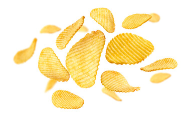 Fluted potato chips levitate on a white background