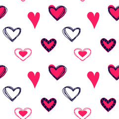 Vector seamless pattern for Valentine's Day. Hand-drawn hearts in the flat style. Bright colors, a pattern on a white background.