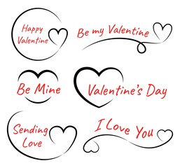 Valentine`s Day Lettering with hand drawn love elements Set. Heart Line Art Vector illustration