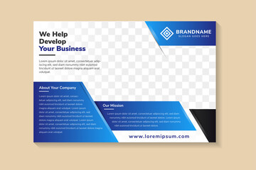 abstract geometric flyer template design use headline we help develop your business with horizontal layout. combination blue gradient and black colors on element. space for photo. 