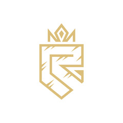 Shield letter R logo. Shield, letter R and crown logo template with line art concept in gold color
