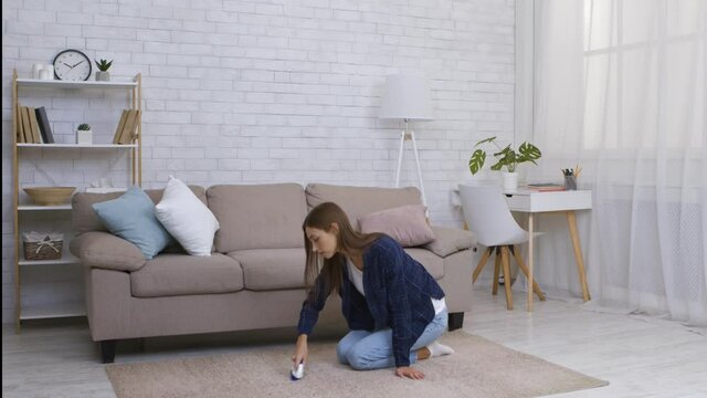 Housekeeping concept. Young woman brushing carpet at home, sitting on floor