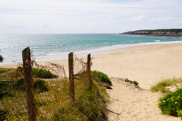 Fototapeta na wymiar sand access french sea Talmont coast with sunny atlantic vendee beach ocean in summer day