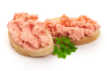 Sandwich with caviar paste, isolated on white background.