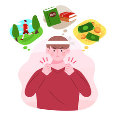 Man thinking of new year goals. Diet, study, and increase your financial income.