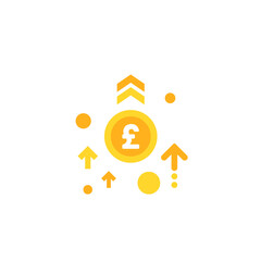 pound sterling growth vector icon. gold dollar coin with three up arrows. Flat icon. Isolated on white.