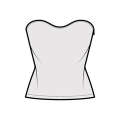 Top crop strapless scoop neckline technical fashion illustration with slim fit, waist length. Flat apparel shirt outwear template front, grey color. Women men unisex CAD mockup