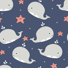 Seamless pattern with cute cartoon whale for fabric print, textile, gift wrapping paper. colorful vector for kids, flat style