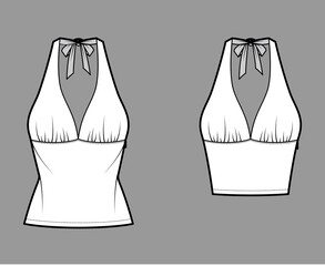 Set of Tops empire seam and tieback halter tank technical fashion illustration with close-fitting shape, crop, tunic length. Flat template front, white color. Women men unisex CAD mockup