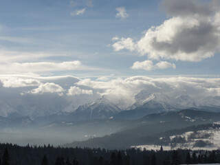 The view from Rzepiska to the clouds over Tatra Mountains.