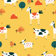 Vector flat illustartions set of standing animals - horse, cow, chicken and bird with sheep. Funny characters for kids. Cartoon style seamless patterns.