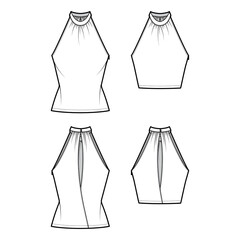 Set of Tops banded high neck halter tank technical fashion illustration with wrap, slim fit, crop, tunic length. Flat apparel outwear template front, back, white color. Women men CAD mockup