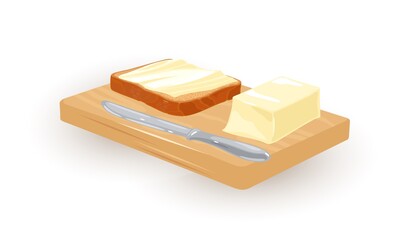 Butter smeared on toast, morning breakfast, lunch, nutritious meal. Vector wooden board with knife, slice of butter. First meal in morning design isolated on white background