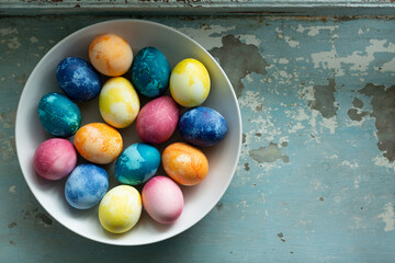 Easter eggs in white dish on light blue old concrete background