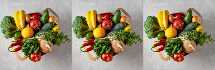 Banner Paper bag with eco friendly products on gray concrete