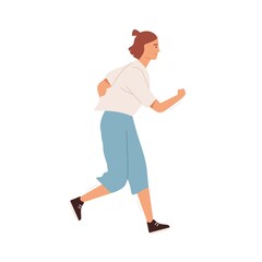 Smiling active woman jogging vector flat illustration. Happy female in sportswear enjoying morning running or daily physical activity isolated on white. Athletic person doing cardio sports training